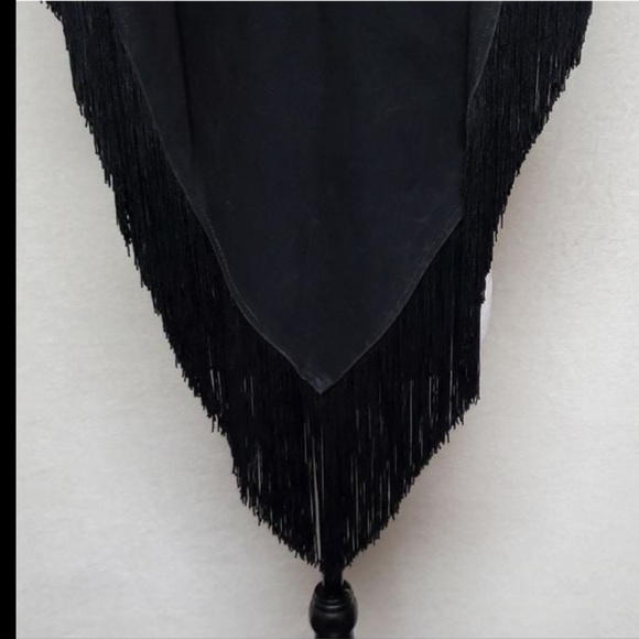 Rare Vintage Wanted Black Denim Red Feather Bold Fringe Western Boho Shawl - Picture 10 of 11